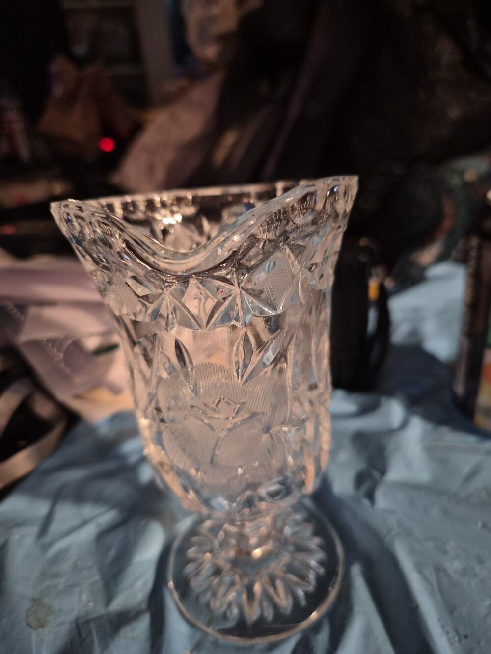 Vintage Pressed Glass And Etched 24% lead Crystal glass Footed pitcher/vase...